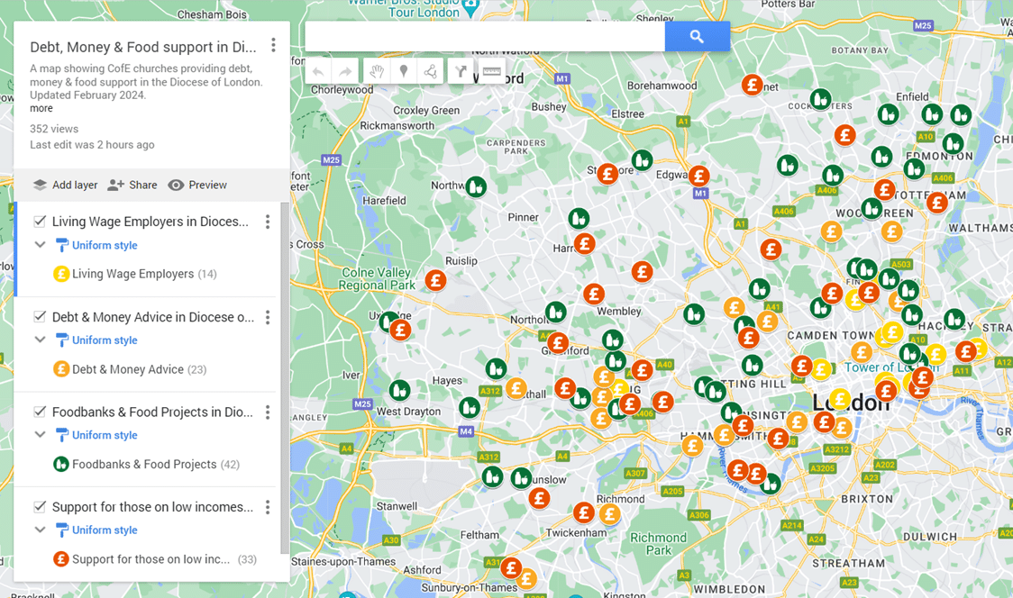 Map of Diocese of London & markers of churches running food projects and money advice
