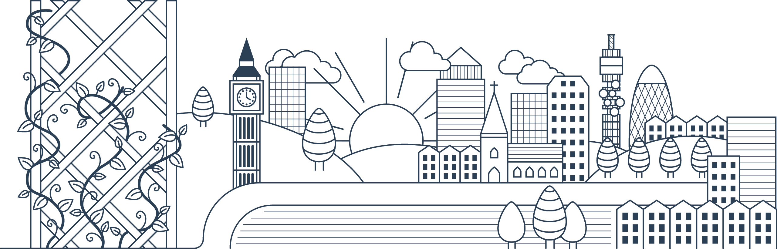 Graphic showing a road, representing our Way of Life. It is surrounded by hills, trees, houses, a church and London iconic buildings, including the Big Ben, BT Tower and Gherkin. It also displays a sunrise and some clouds in the sky. On the left side, there is the image of a trellis with three plants of different sizes growing against it and being supported by it.