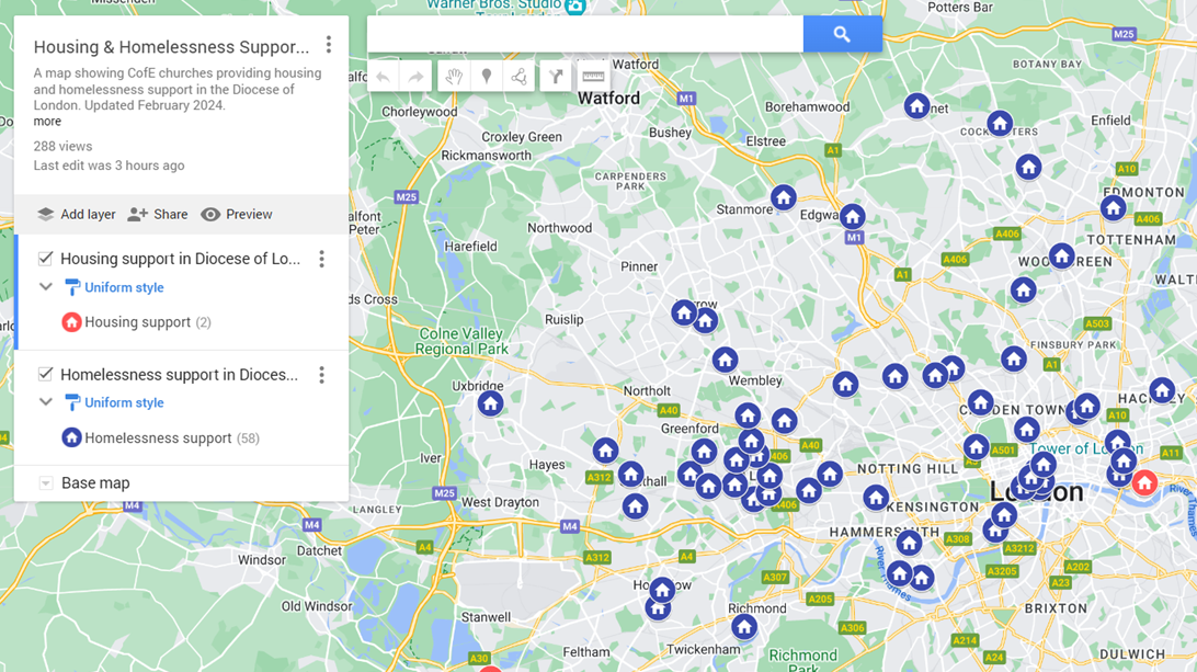 Map of Diocese of London & markers of churches running housing & homelessness ministry